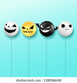 Halloween background banner minimal design. Realistic Halloween balloons on soft blue background. Cute face smile air balloon circle design. Vector illustration.