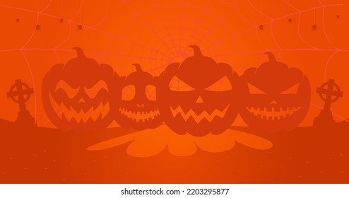 Halloween Background Banner with Orange Pumpkin grave bat and spider Vector Illustration. 