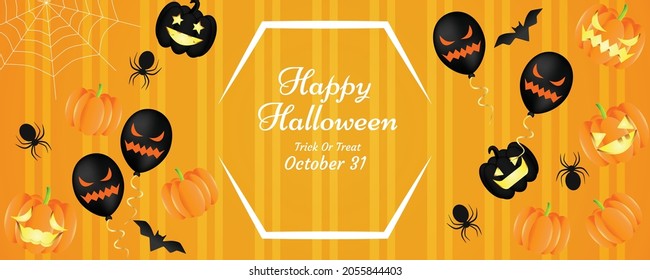 Halloween background or banner with Halloween Pumpkin and Ghost Balloons. Spooky, Background or banner. Halloween template with spiders and bats. Halloween elements
