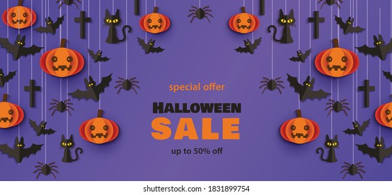 Halloween Hintergrund und Banner mit Kürbissen und Katzen, die auf einem Netz hängen, Fledermäuse und Spinnen. Sonderangebot Halloween Verkauf. Flaches Vektorpapier, das zu Halloween geschnitten wurde, auf blauem Hintergrund.