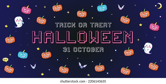 Halloween background banner in retro pixel art 8bit geek style. Pixel pumpkins and ghosts poster or web promotion banner for sale or party event. Pixel art halloween cute vector illustration.