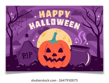 Banner de fundo de Halloween com lápide, caldeirão e abóbora. Céu noturno com nuvens, estrelas e árvore assombrada com teia de aranha. Cartão comemorativo de outono com jack o lanterna. Ilustração vetorial.