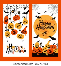 Halloween background banners of cheerful pumpkins with moon.