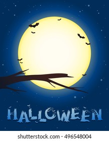 Halloween background with a bare leafless branch of a tree silhouetted against a bright full moon with circling bats at twilight with twinkling stars, vector illustration