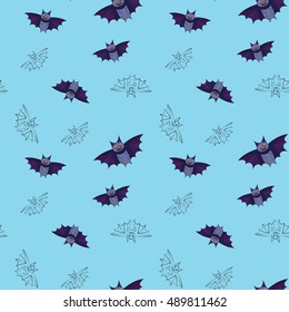 Halloween Background. Bat cartoon vector pattern. Violet bat Halloween cartoon background. Seamless bat pattern on blue background.