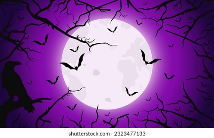 Halloween background with bat , full moon, crown and bare trees. Violet spooky background template.Vector illustration
