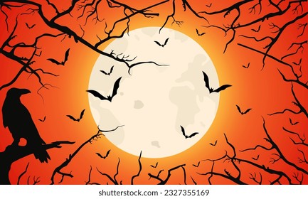 Halloween-Hintergrund mit Fledermaus , Vollmond, Kronen und nackten Bäumen. Orangefarbene, unscharfe Hintergrund-Vorlage.Vektorgrafik