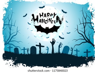 Halloween Background with Bat. Holiday Card with Graveyard and Zombie Hands.