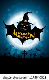 Halloween Background with Bat Monster. Holiday Card with Graveyard and Zombie Hands.