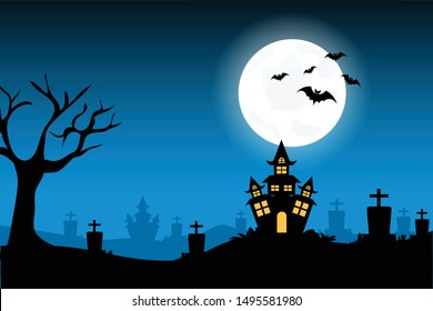 Halloween background with bat at night with dark moon on night sky, for Halloween concept, illustration painting.