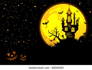 Halloween background with bat, pumpkin, castle, element for design, vector illustration