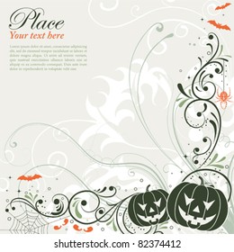 Halloween background with bat, pumpkin, floral, vector illustration