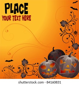Halloween background with bat, pumpkin, floral, vector illustration