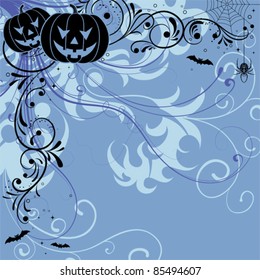 Halloween background with bat, pumpkin, floral, vector illustration