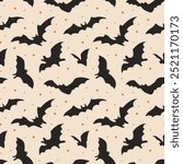 Halloween background with bat. Seamless pattern of flying scary vampire bats