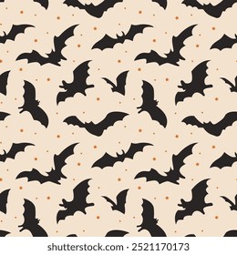 Halloween background with bat. Seamless pattern of flying scary vampire bats