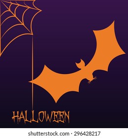 Halloween background with a bat, text and a web spider. Vector illustration