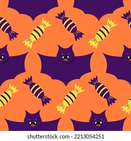 Halloween background with bats and candies on orange background. Funny seamless pattern with cute bats and sweets in flat cartoon style. All Saints Day poster in Halloween colors
