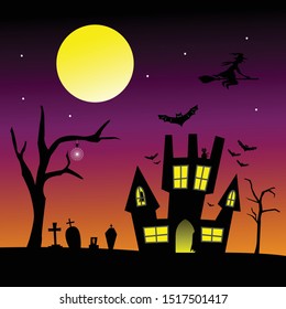 Halloween background with bats, castle, witch and dead tree and grave 