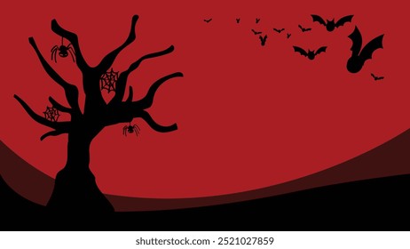 Murciélagos de fondo de Halloween y el espeluznante cielo rojo del árbol en Arte vectorial