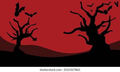 Murciélagos de fondo de Halloween y el espeluznante cielo rojo del árbol en Arte vectorial