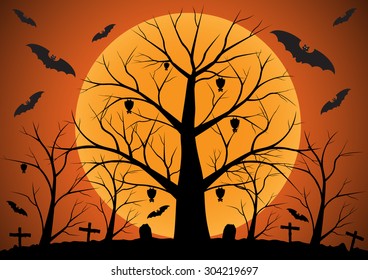 Halloween background with bats and dead trees silhouette. Vector illustration