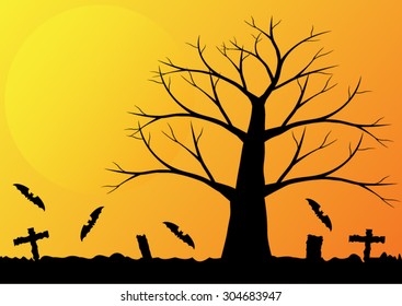 Halloween background with bats and dead trees. Vector illustration.