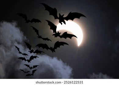 Fondo de Halloween con murciélagos volando en el cielo nocturno y luna llena. Fondo de Halloween con murciélagos voladores y luna llena. 