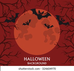 Halloween background, bats flying on a background of the red full moon