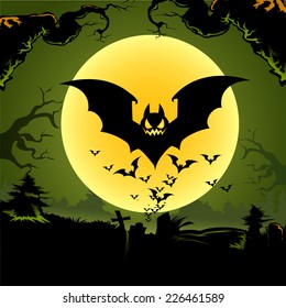 Halloween Background with bats in front of the moon.