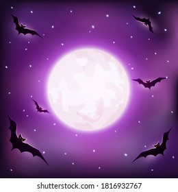 Halloween background with bats and full moon. Vector illustration.