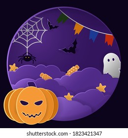 Halloween background. Bats, a Ghost, and a pumpkin head in a dark sky with clouds