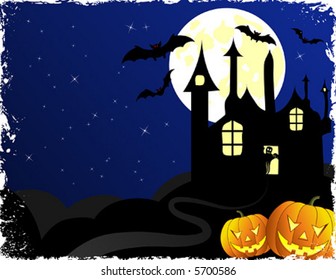 Halloween background with bats, ghost & pumpkin, vector illustration