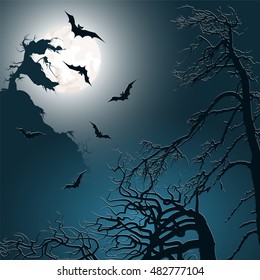 Halloween background with bats, moon and trees. Vector illustration.