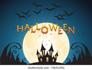 Halloween background with bats and the moon.Vector illustration.
