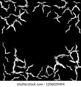 Halloween background with bats on black. Halloween party card background template. Flying bats.
