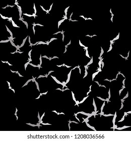 Halloween background with bats on black. Halloween party card background template. Flying bats.
