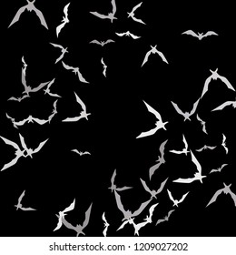 Halloween background with bats on black. Halloween party card background template. Flying bats.
