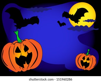 Halloween background with bats, pumpkins and full moon