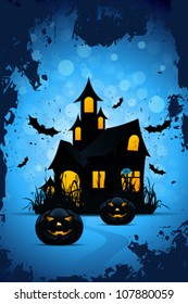Halloween Background with Bats Pumpkins and Haunted House