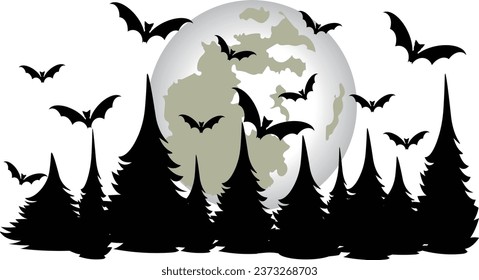 Halloween background with bats, trees and moon. 