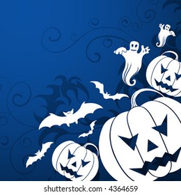 Halloween background with bats, witch & pumpkin, vector illustration