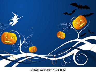 Halloween background with bats, witch & pumpkin, vector illustration