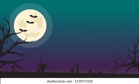 Halloween Background with Bats, Zombies and Full Moon. Flyer or Invitation Template for Halloween Party with Empty Space for your Text. illustration.