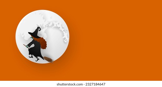 Halloween background with beautiful moon and Halloween witch on orange background. vector illustration