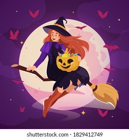 Halloween background with beautiful witch flying