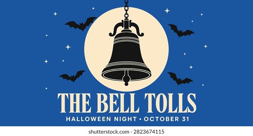 Halloween background with a bell, bats, and a full moon vector illustration of a spooky bell tolling on halloween night, october 31st, for holiday invitations, posters, or social media graphics