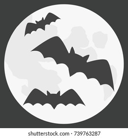Halloween background with big Moon on night sky with and flying bats