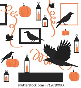 Halloween background with birds and pumpkins.