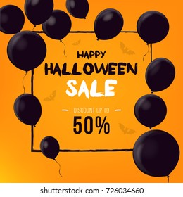 Halloween background with black balloons. Vector illustration. Night party decorations, backdrop with thin square frame. Sale banner template design. Discount offer price label